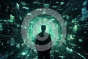 Digital landscape with silhouette, futuristic data visualization, technology concept