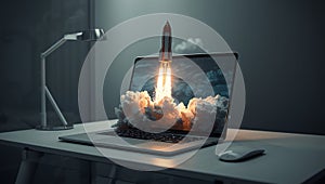 Digital Launchpad: Rocket Blasting Off Laptop Screen