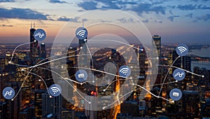 Digital layer on city skyline