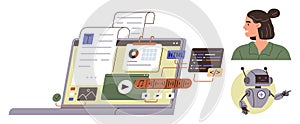 Web Development, Coding, and AI Concept with Laptop, Software, and Robot Illustration