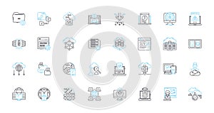 Digital learning linear icons set. eLearning, Virtual, Online, Blended, Distance, Tech-savvy, Interactive line vector