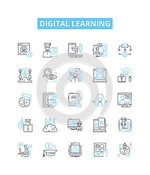 Digital learning vector line icons set. Digital, Learning, eLearning, Online, Technology, Course, Online-Learning