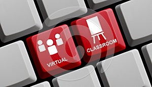 Digital learning - Virtual Classroom on red computer keyboard 3D Illustration