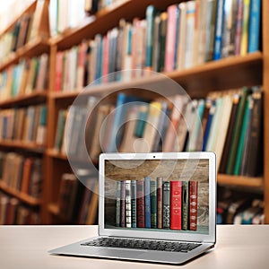 Digital library concept. Laptop on table indoors
