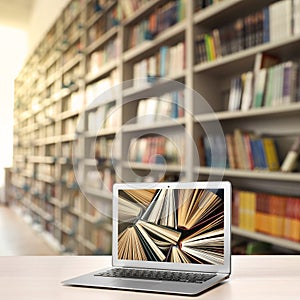 Digital library concept. Modern laptop on table