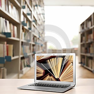 Digital library concept. Modern laptop on table