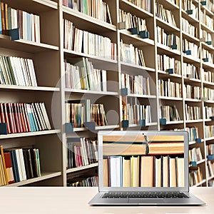 Digital library concept. Modern laptop on table and shelves with books