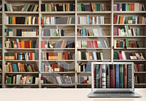 Digital library concept. Modern laptop on table, space for text