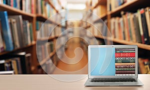 Digital library concept. Modern laptop on table, space for text