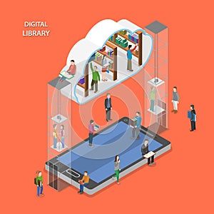 Digital library flat isometric vector concept.