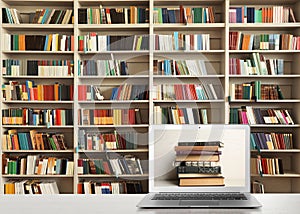 Digital library. Modern laptop on table and shelves with books indoors