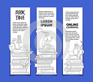 Digital library readers outline vector templates set