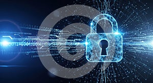 Digital lock with binary code and glowing network connections on a dark blue background