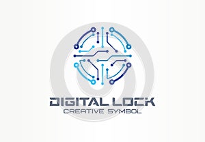 Digital lock creative symbol concept. Circuit circle safe, access control system abstract business logo. Data protect