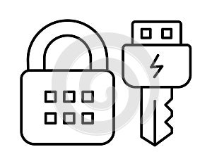 Digital lock. Cyber security. Network electronic USB key. Vector line. Editable outline stroke.