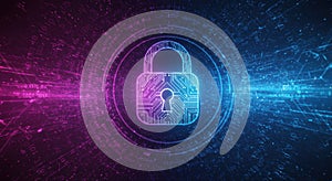 A digital lock glows with security on a binary code background in blue and pink