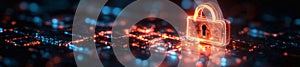 Digital lock on a grid of glowing data and technology elements