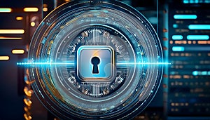 Digital lock icon within a futuristic circle interface represents data security and protection