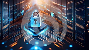 Digital lock icon within a futuristic circle interface represents data security and protection