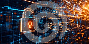 Digital Lock Icon with Glowing Orange Light