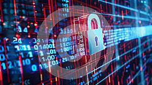 digital lock icon hovering over a computer screen with binary code in the background, representing data security and privacy in a