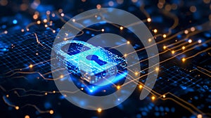A digital lock integrated into a complex circuit board, representing advanced data protection