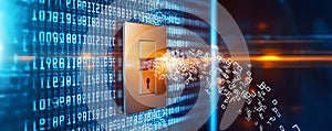 A digital lock interface with binary code, symbolizing cybersecurity and data protection technology in a dynamic environment