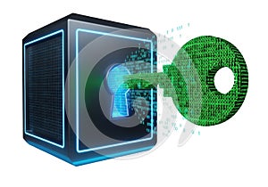 Digital lock and key in a secure safe with binary code background