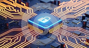 Digital lock on microchip circuit board represents cybersecurity and data protection
