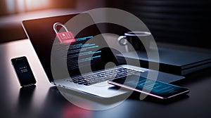 digital lock placed over a laptop and smartphone, with floating digital code representing secure encryption