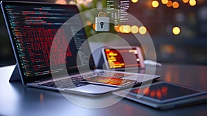 digital lock placed over a laptop and smartphone, with floating digital code representing secure encryption