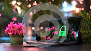 digital lock placed over a laptop and smartphone, with floating digital code representing secure encryption
