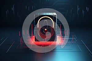 Digital lock with a red code interface, symbolizing secure access and encryption. The concept of cybersecurity and