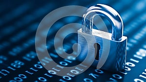 Digital lock securing data against cyber threats with binary code background