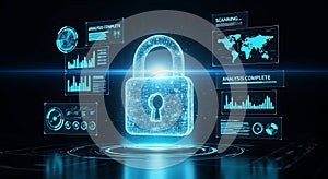 digital security interface with glowing padlock and data analysis displays on a dark background, representing cybersecurity and da
