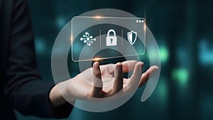 Digital Lock and Shield Icons Presented by Hand for Data Security
