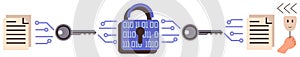 Data Encryption Process with Digital Lock, Keys, and Documents Representing Secure Communication