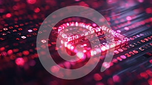 A digital lock symbol amidst glowing binary code, representing cybersecurity and data protection