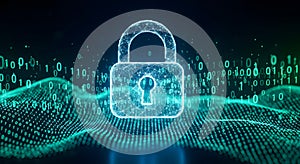 Digital lock symbol over abstract binary code wave