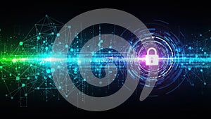 Digital lock symbol surrounded by binary code and glowing network connections on a dark background