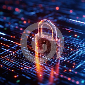 digital lock symbolizing security and protection in virtual environment, surrounded by glowing data streams and binary code,