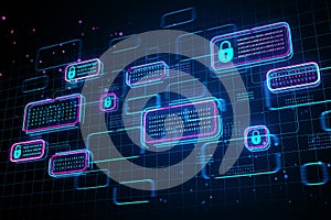 Digital locks and binary code on a futuristic grid backdrop. 3D Rendering