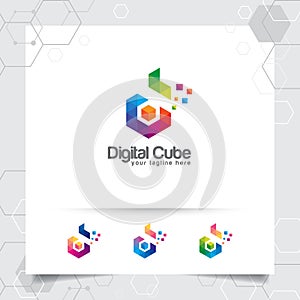 Digital logo design vector letter D concept with modern colorful pixel for technology, software, studio, app, and business