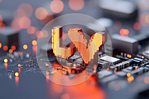 Digital love symbol pixelated heart on computer circuit board illuminated by neon lights depicting technology driven romance photo