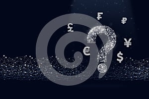 digital low poly question marks holographic interface and currency of different countries and digital line on dark blue background