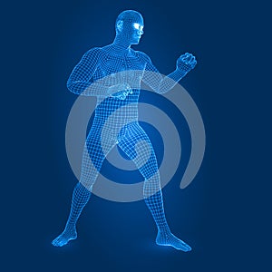 Digital man figure in fight guard pose 3d wireframe style vector illustration