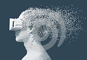 Digital Man Wearing Virtual Reality Glasses Disintegrates On 3D Pixels