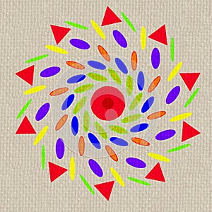 Digital mandala style artwork consisting of colourful petals and sepals on a cloth canvas