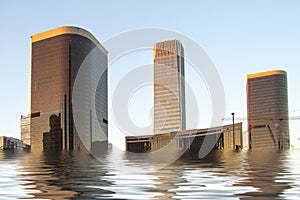 Digital manipulation of flooded newly build modern high rise buildings. Climate change concept - image