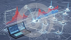 Digital Map with Data Visualization and Laptop Representing Network Analysis and Business Intelligence